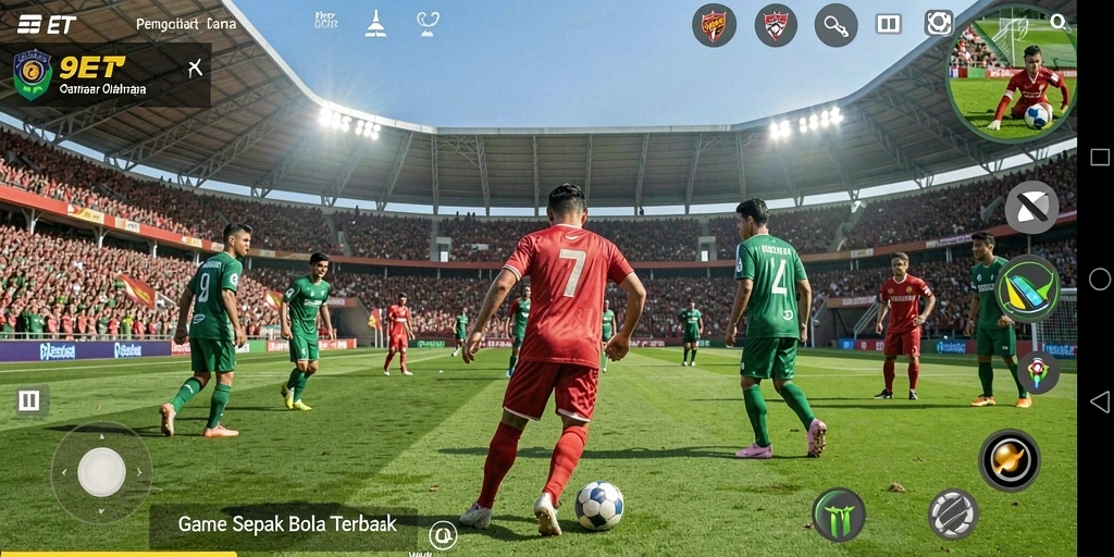 Tampilan seru gameplay 9ET dengan aksi sepak bola.