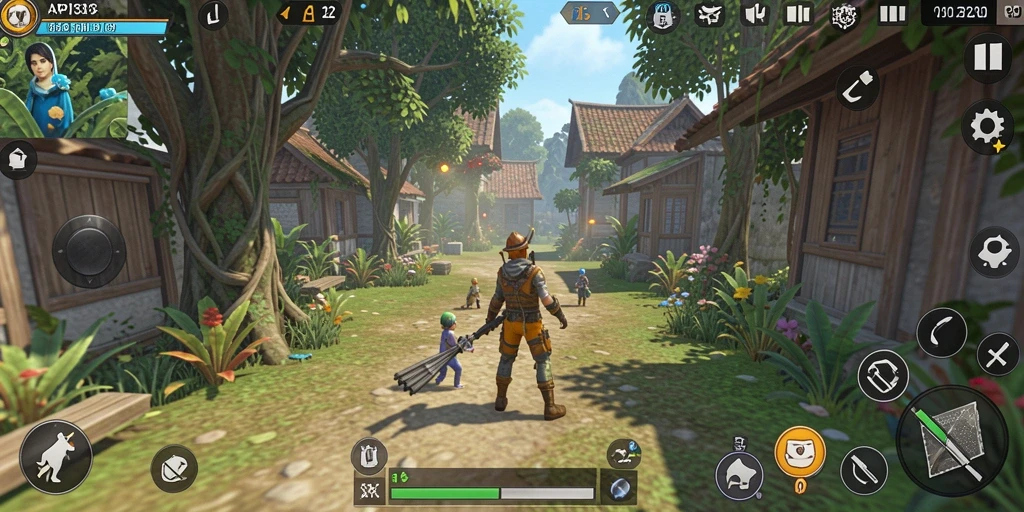 Screenshot gameplay API33 menunjukkan interaksi karakter dan lingkungan yang dinamis.