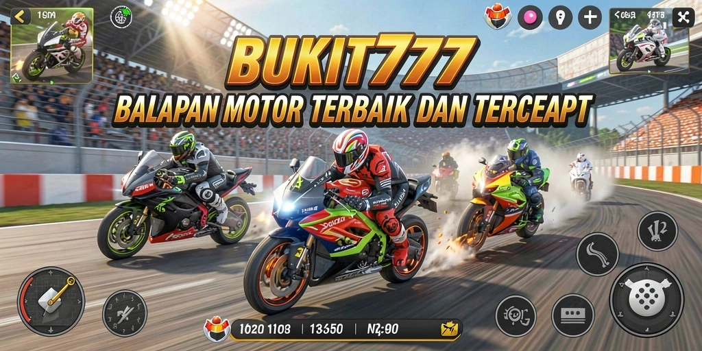 Tampilan gameplay intens BUKIT777 saat balapan motor.