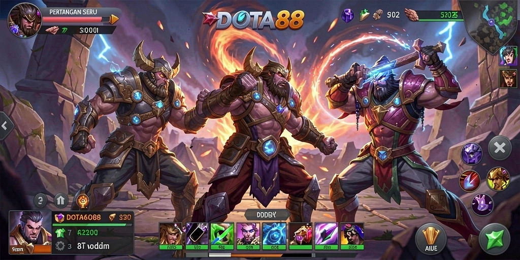 Screenshot gameplay DOTA88 menampilkan pertarungan seru karakter dalam arena.
