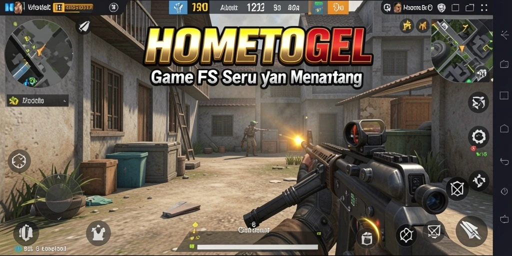 Screenshot HOMETOGEL menampilkan aksi tembak-menembak yang mendebarkan.