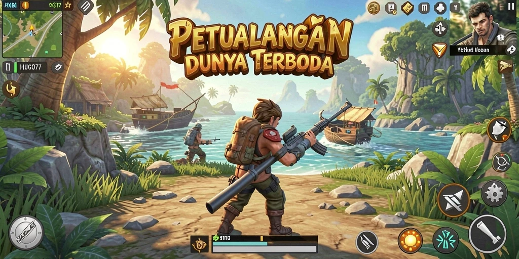 Tangkapan layar HUGO77 menampilkan gameplay dalam dunia terbuka yang luas.