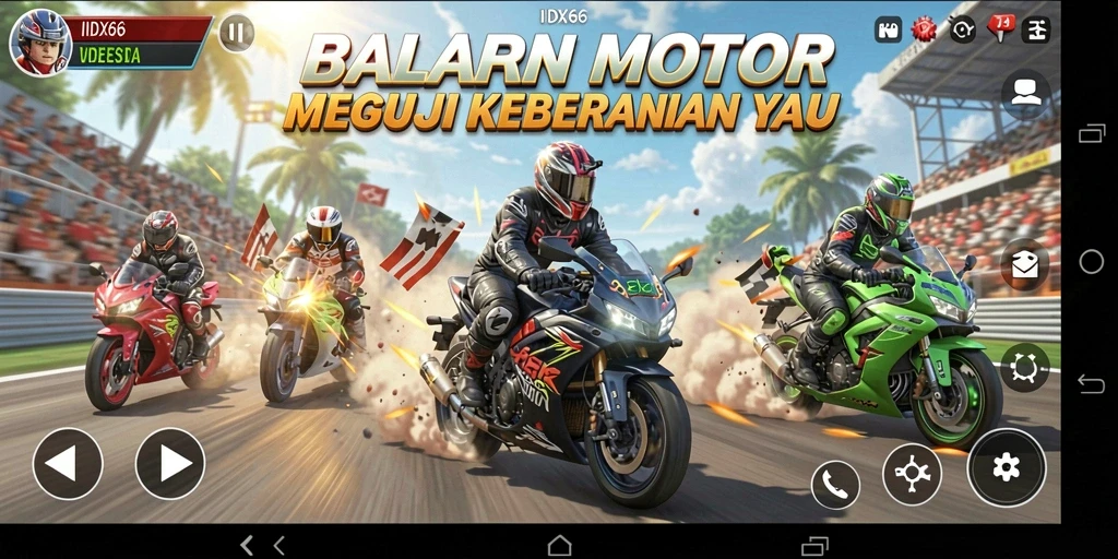 Screenshot gameplay <strong>IDX66</strong> yang menampilkan balapan motor yang intens dan seru.