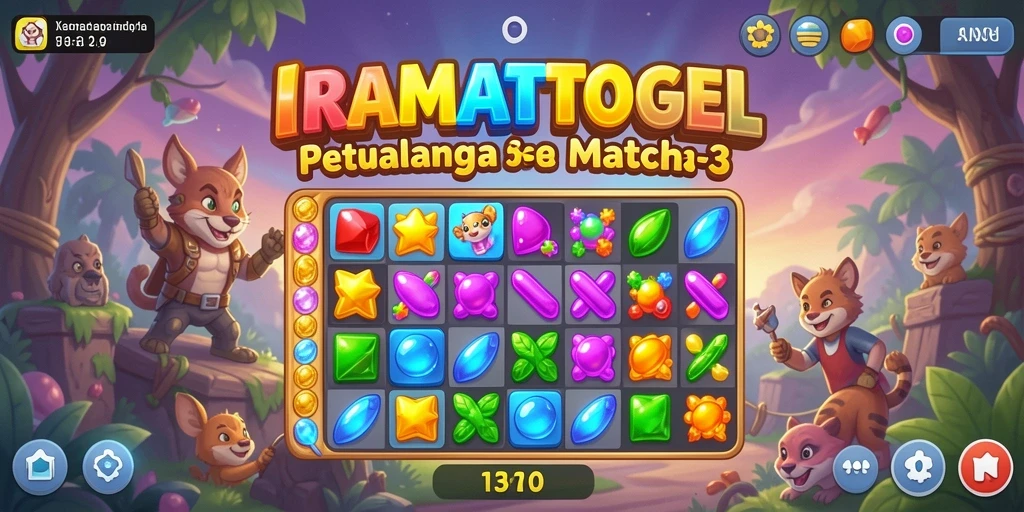 Tampilan gameplay Match-3 di IRAMATOGEL dengan elemen berwarna-warni.