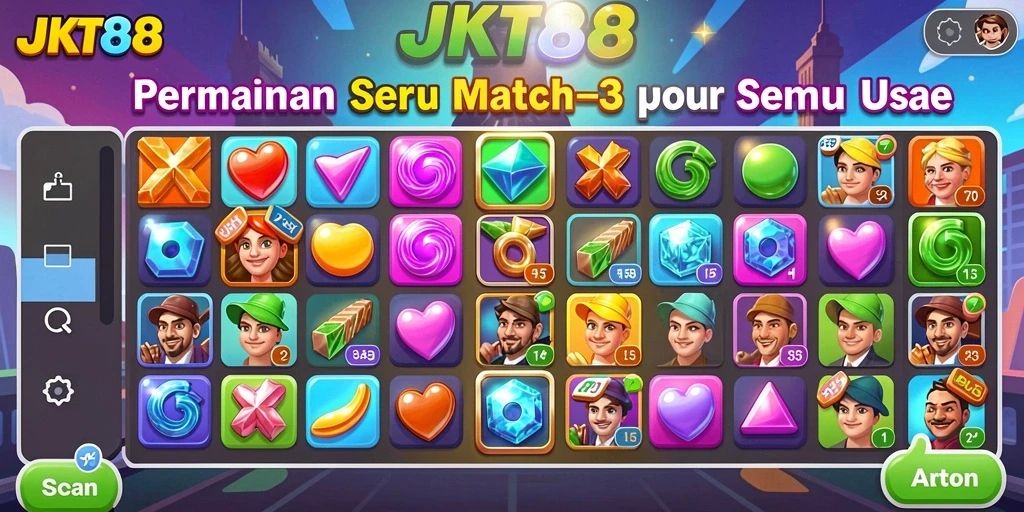 Screenshot gameplay JKT88 dengan kombinasi Match-3 yang menarik.