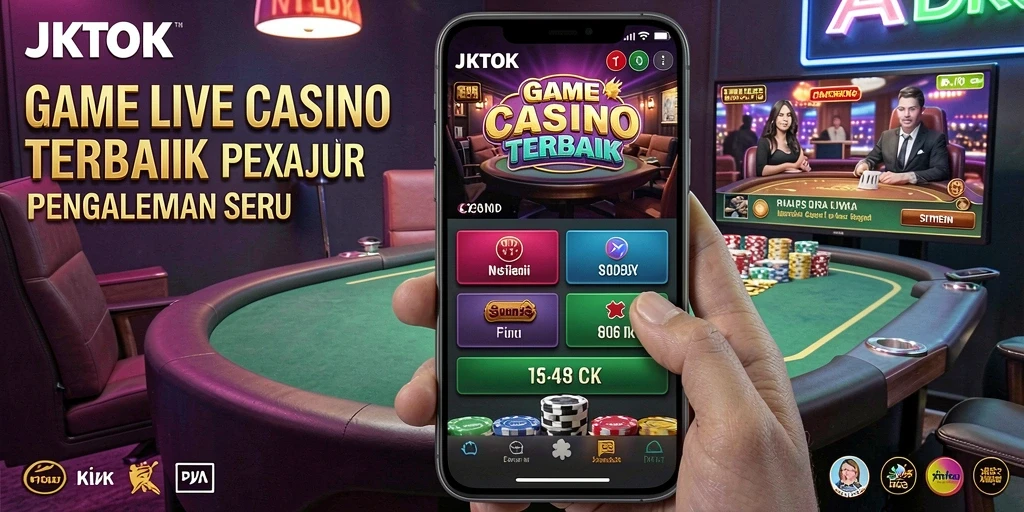 Screenshot gameplay JKTOK menunjukkan dealer langsung dan suasana kasino yang nyata.