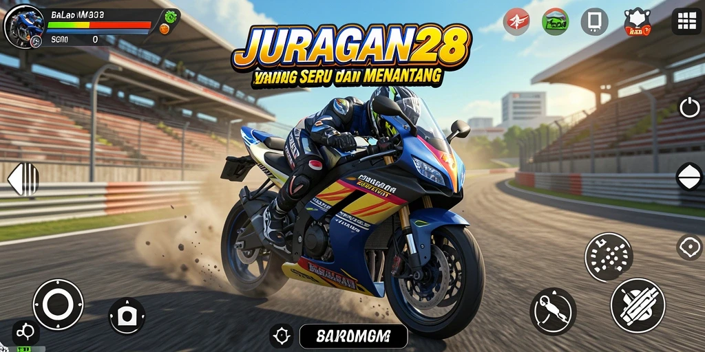 Screenshot utama dari JURAGAN28 menampilkan aksi balapan motor yang intens.