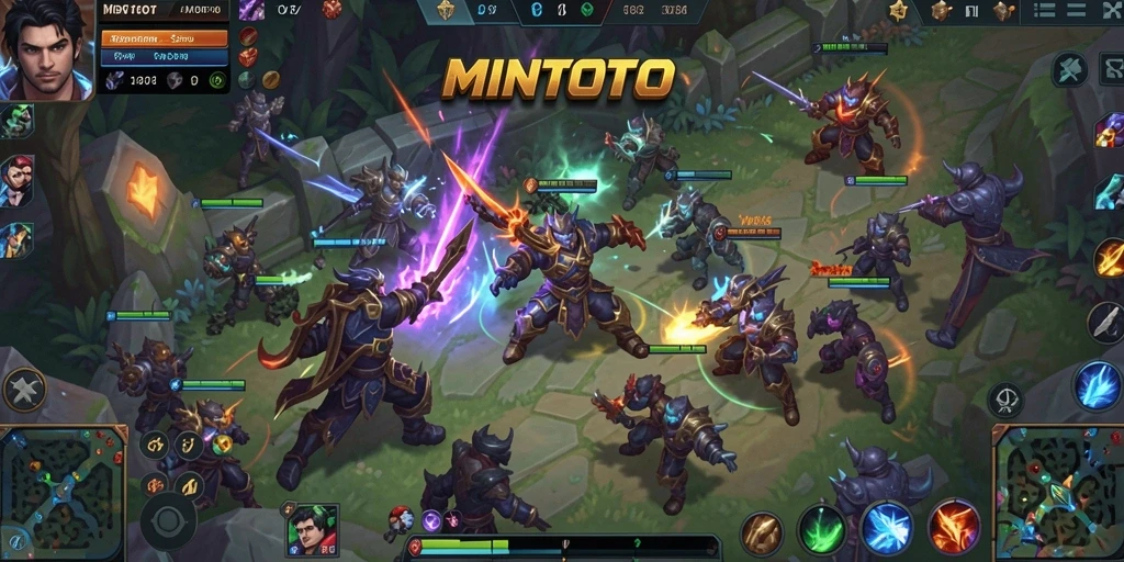 Tampilan gameplay MINTOTO dengan karakter yang beraksi di arena MOBA.