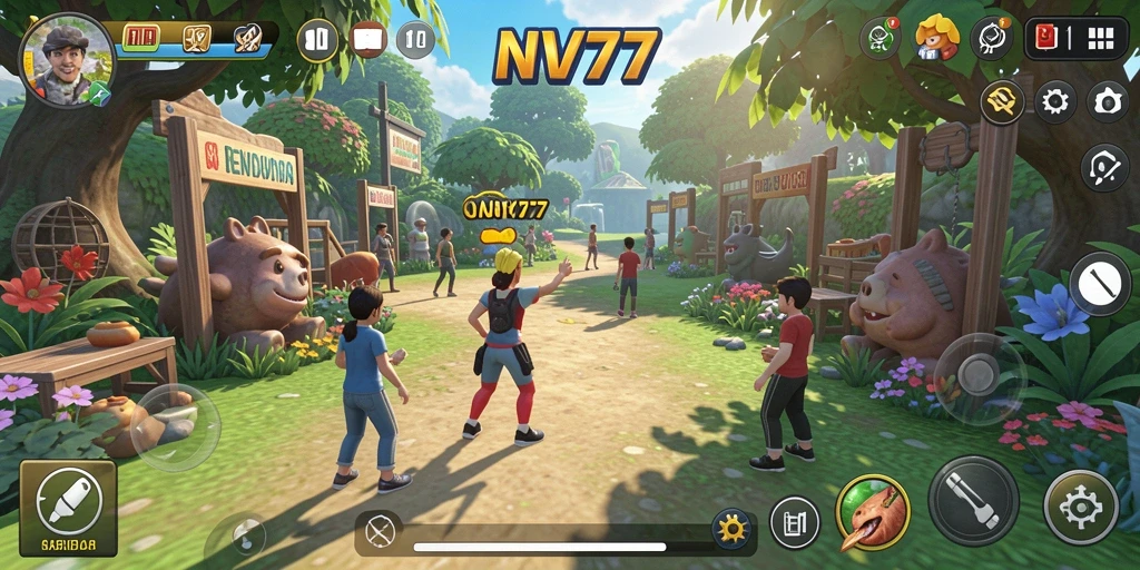 Screenshot utama NV77 menampilkan interaksi karakter dalam gameplay simulasi.