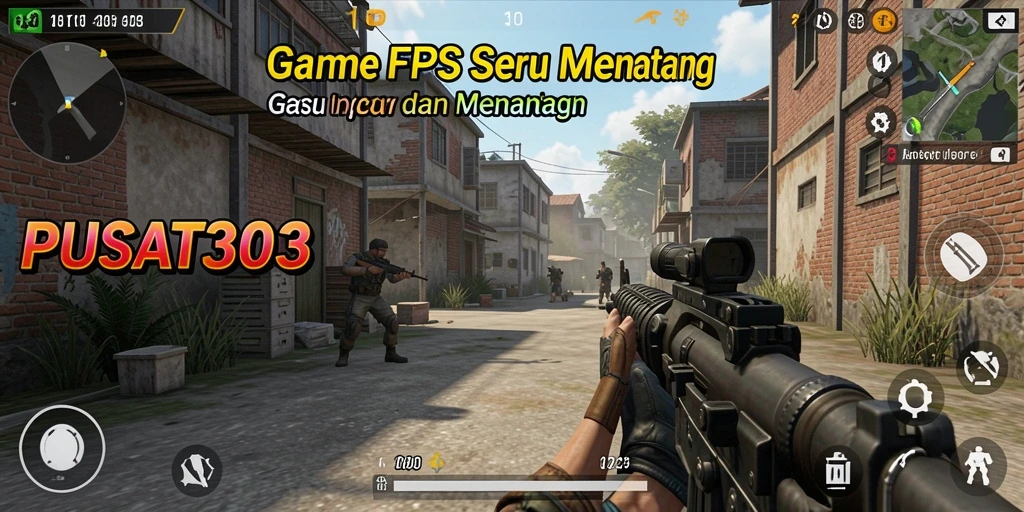 Screenshot gameplay PUSAT303 menampilkan aksi seru di medan pertempuran FPS.