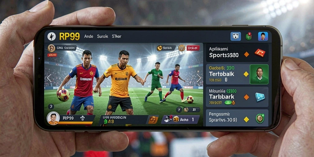 Screenshot utama RP99 menampilkan antarmuka aplikasi Sportsbook yang menarik.