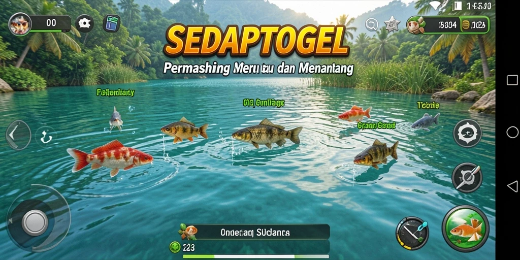 Tampilan gameplay SEDAPTOGEL dengan pemandangan memancing menakjubkan.