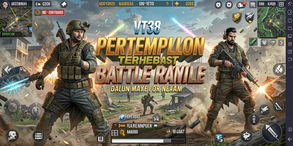 Screenshot utama VT38 menampilkan momen pertempuran seru di arena Battle Royale.