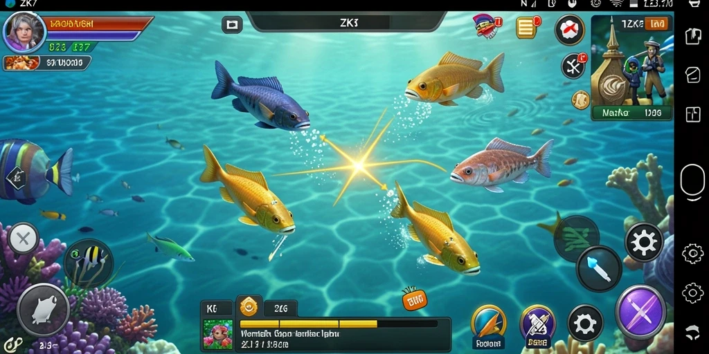 Tampilan gameplay ZK7 dengan ikan berwarna-warni yang menantang.